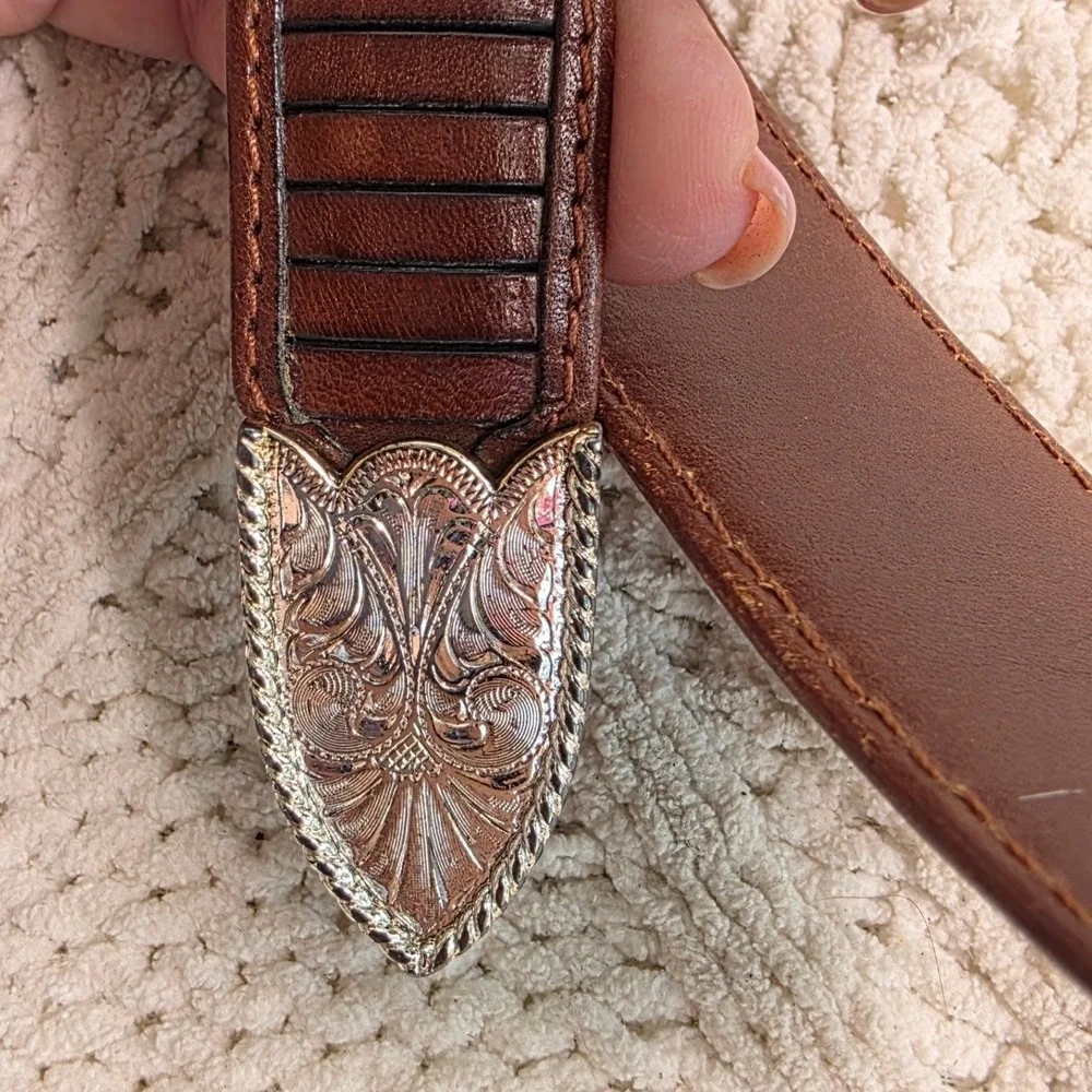 Cinch by Lyntone Western Belt Brown Leather Engraved Buckle Mens 38 Good